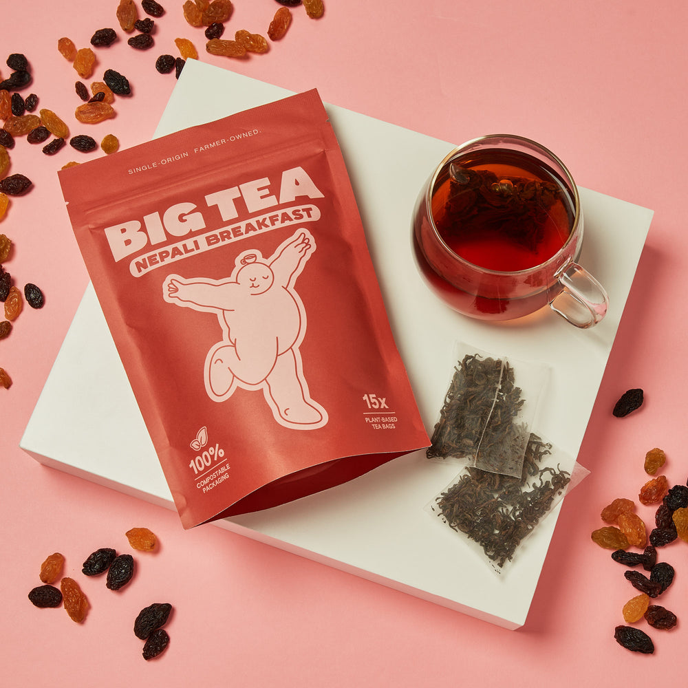 Nepali Breakfast Tea brewed cup with loose rolled tea leaves